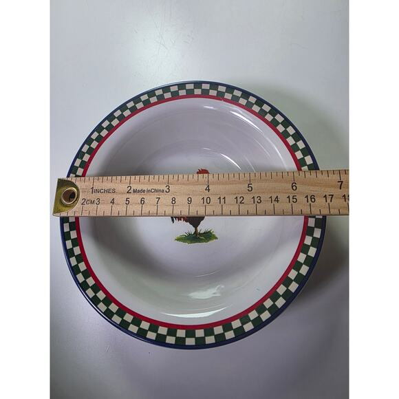 Set of 2- ELLA'S ROOSTER by International Red Checkered Border 6.5" Bowls - Picture 2 of 8